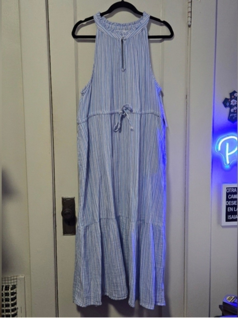 Time And Tru Sleeveless Blue Striped Maxi Dress with Tie Waist